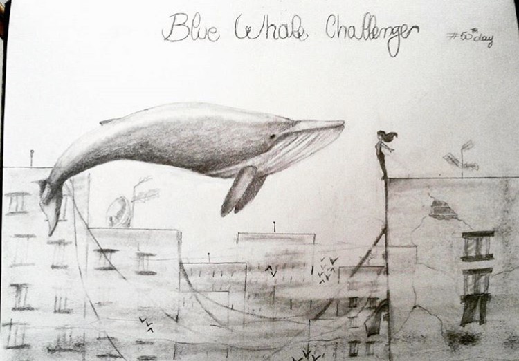 Drawing of Blue Whale Challenge and girl on edge of tall building